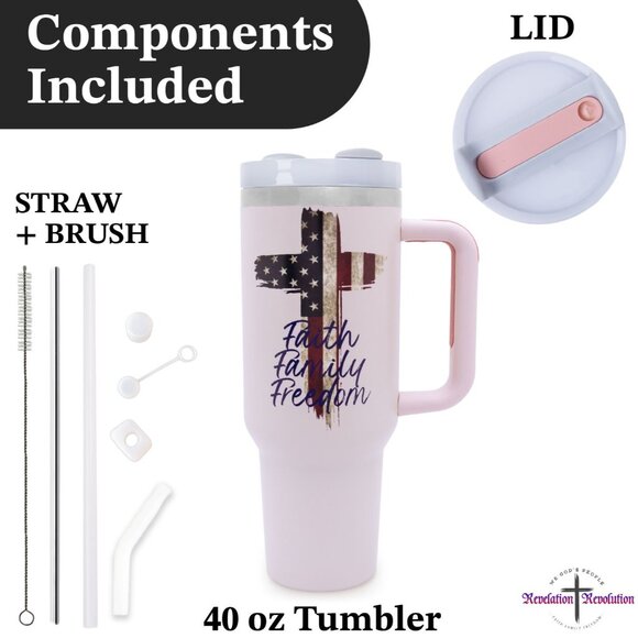 Faith Family Freedom Light Pink Patriotic 40 Oz Insulated Tumbler with Handle - Picture 2 of 4
